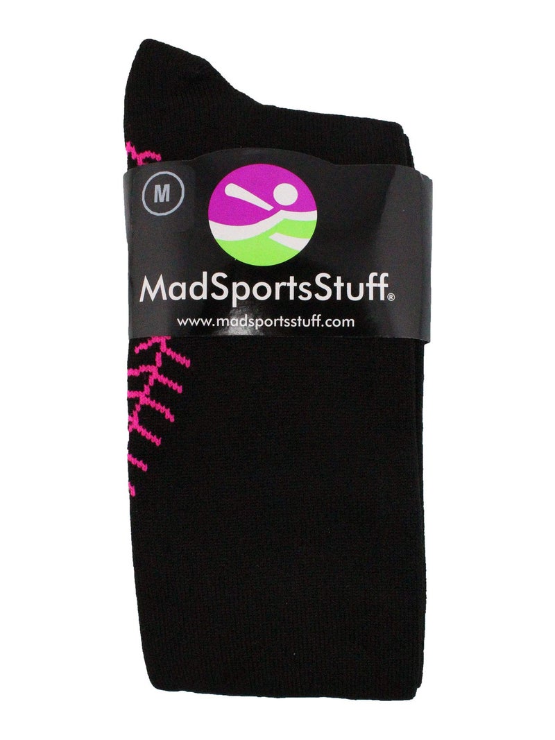 MadSportsStuff Softball Socks with Stitches Over the Calf (Black/Neon Pink, Medium) - Image 3